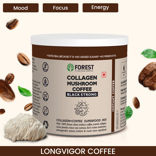Forest Collagen Mushroom Coffee (Black Strong) | For Support Skin, Hair, Nails, & Joints. | With Freeze-Dried Arabica Coffee, Marine Collagen, Hazelnut Flavour, I-theanine, L-taurine, & Much More.