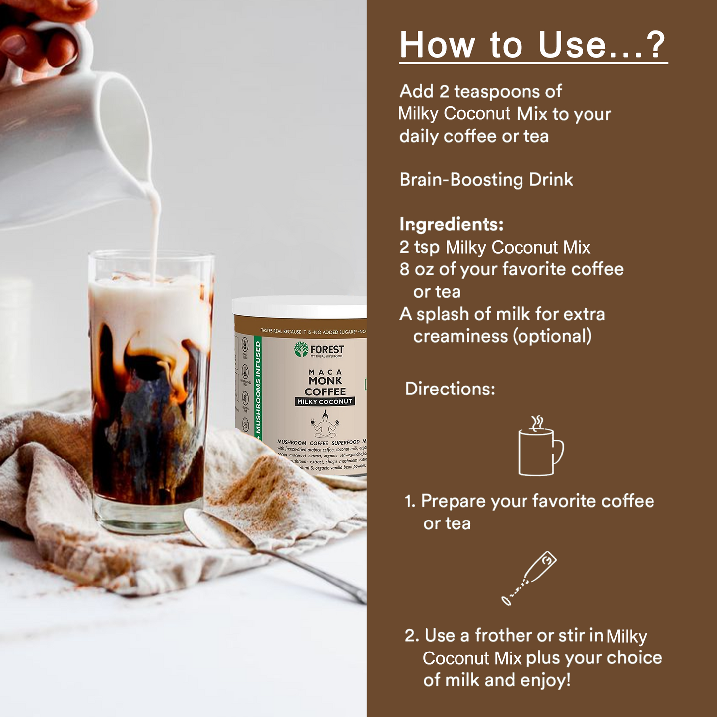 Forest Maca Monk Coffee Milky Coconut- Mushrooms With 100% Freeze-dried Arabica Coffee & Adaptogenic Herbs (150g)