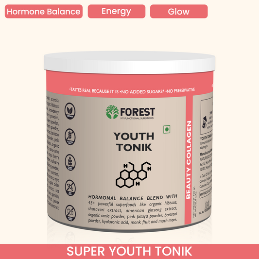 Forest Youth Tonik (Beauty Collagen) | For Hormonal Balance & Female Health | With Organic Hibiscus, Shatavari Extract, American Ginseng Extract, Organic Amla Powder, Pink Pitaya Powder & Much More.
