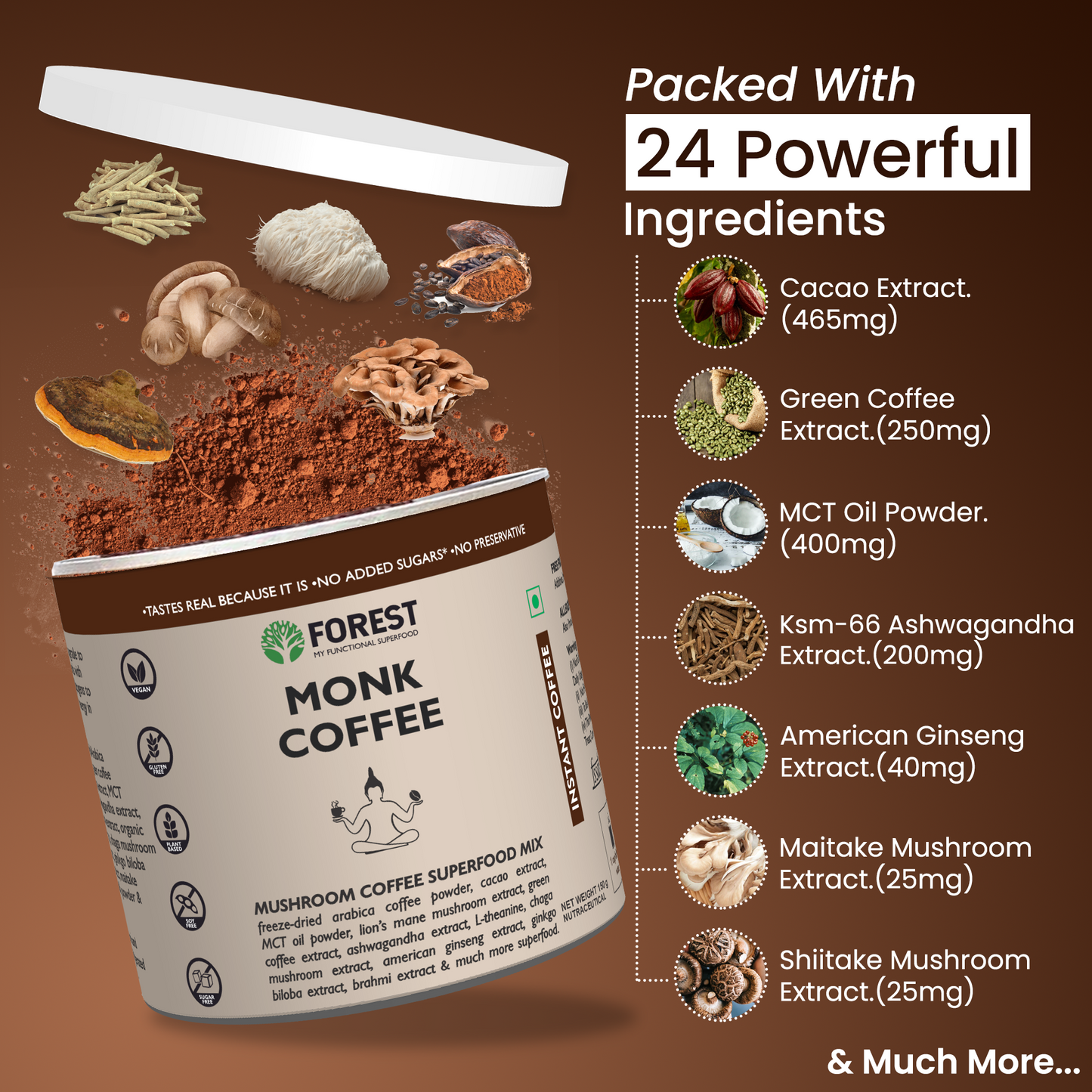 Monk Coffee (Instant) 100% Freeze-dried Arabica Coffee & Adaptogenic Herbs  (150g)