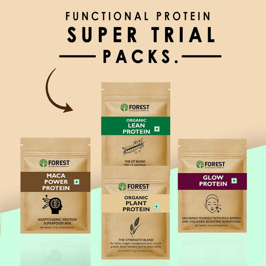 Proteins Super Trial Pack On The Go ( Pack of 4 ) Maca Power Protein, Lean Protein, Plant Protein, and Glow Protein.
