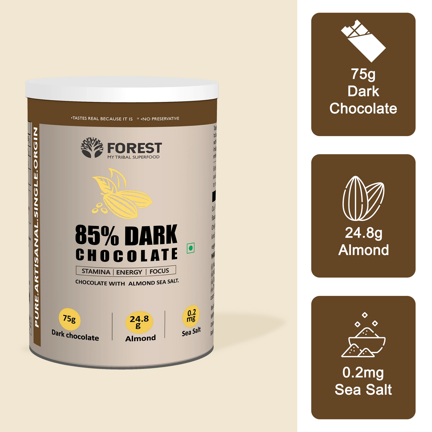 Dark Chocolate with Almond Sea Salt - 85% dark chocolate