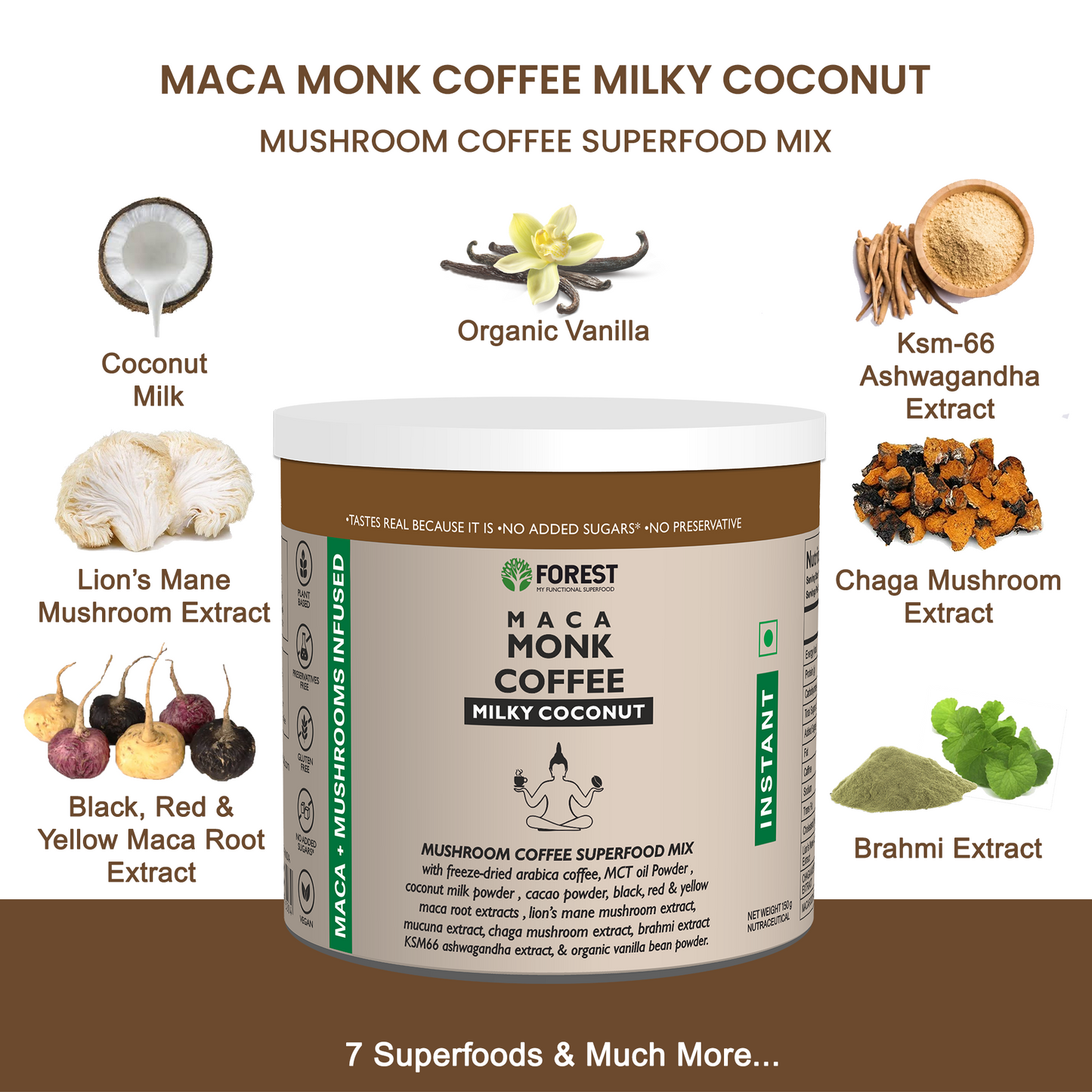 Forest Maca Monk Coffee Milky Coconut- Mushrooms With 100% Freeze-dried Arabica Coffee & Adaptogenic Herbs  (150g)