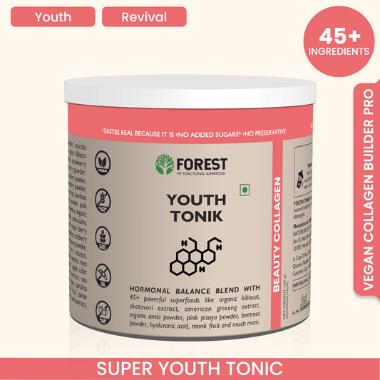 Forest Youth Tonik (Beauty Collagen) | For Hormonal Balance & Female Health | With Organic Hibiscus, Shatavari Extract, American Ginseng Extract, Organic Amla Powder, Pink Pitaya Powder & Much More.