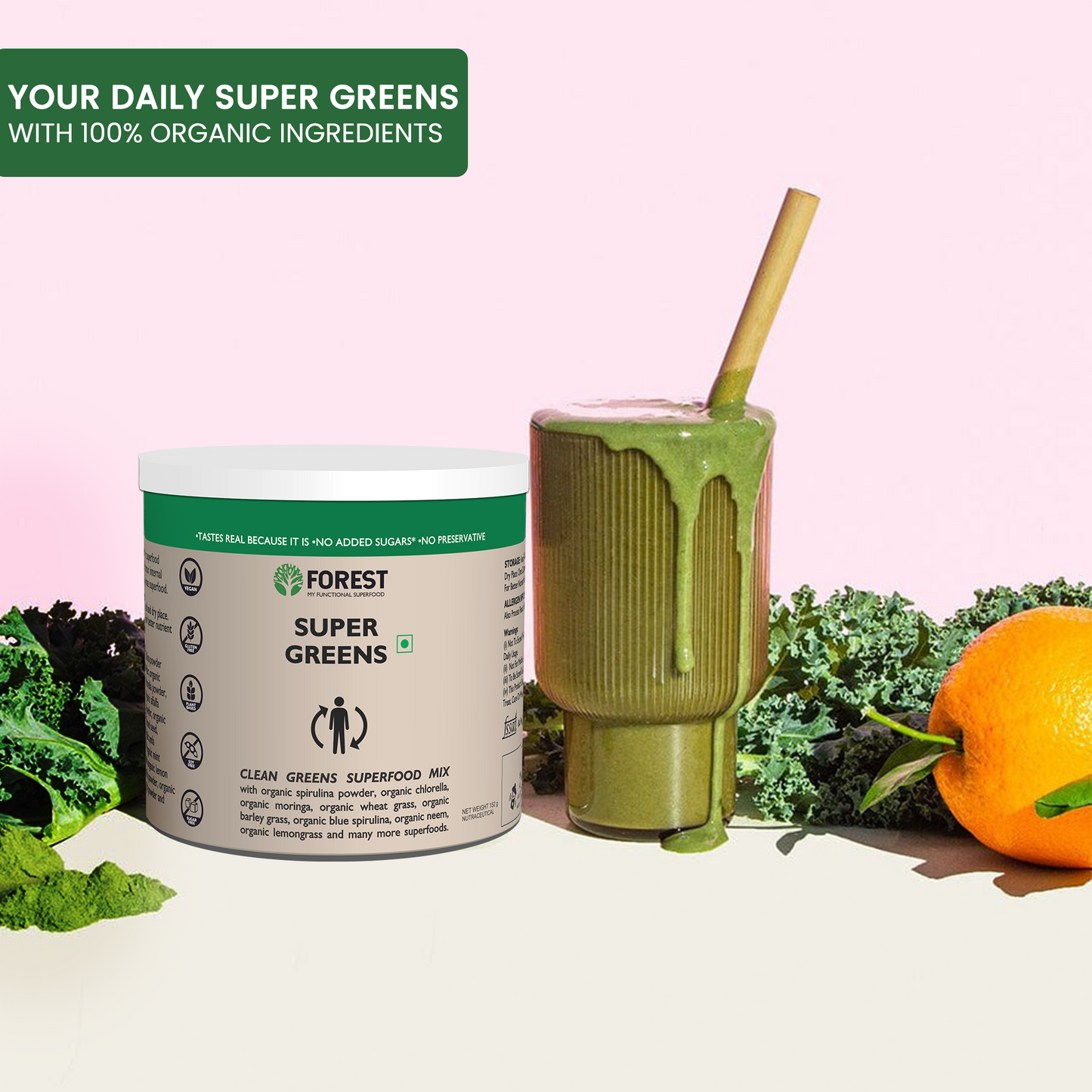Forest Organic Super Greens Energy, Immunity Booster Formula With Daily Detox Supercharge | Your Metabolism With 18+ Organic Superfoods | Alovera Green Grass, Spirulina, Chlorella & More | Antioxidant, Natural Digestive Enzyme & Prebiotic Blend.